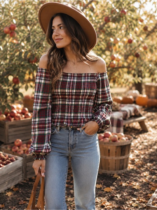 SO Tops - SO Goods for Life Plaid Smocked Off Shoulder Crop Top XL Cottagecore Fall